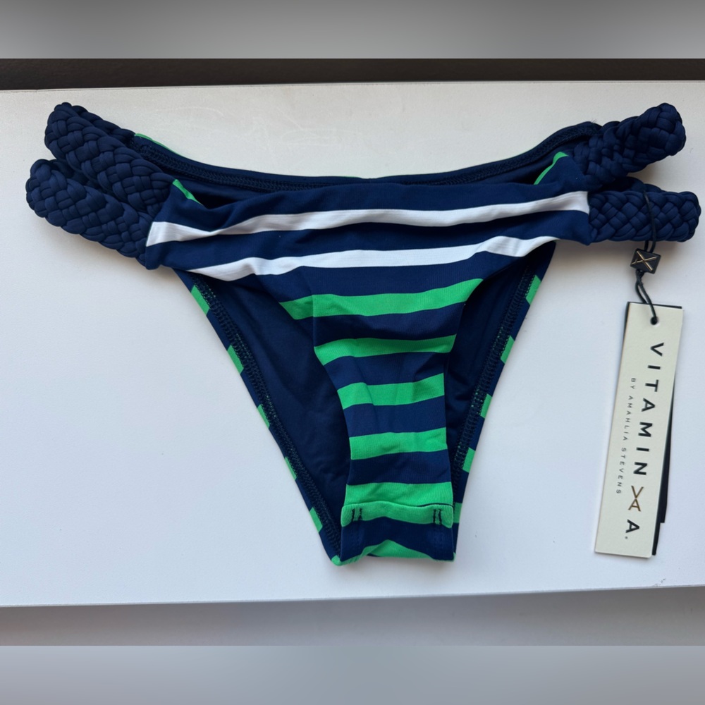 Vitamin A Navy and Green Striped Bikini Bottom
